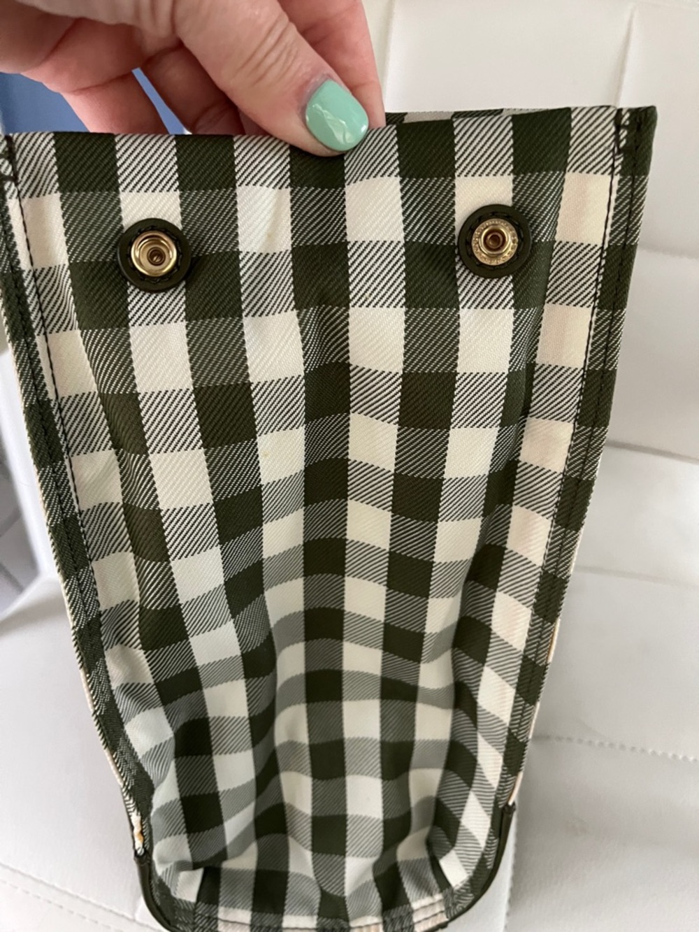 Tory Burch Olive and White Gingham Logo Tote with Leather Trim - Picture 8 of 11